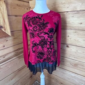 Red Flocked Floral Tunic Sheer Hem Long Sleeve Romantic Boho Top Medium Velvet